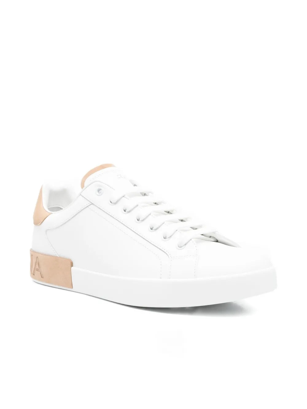 White leather panelled lace-up sneakers with beige heel panel and textured sole