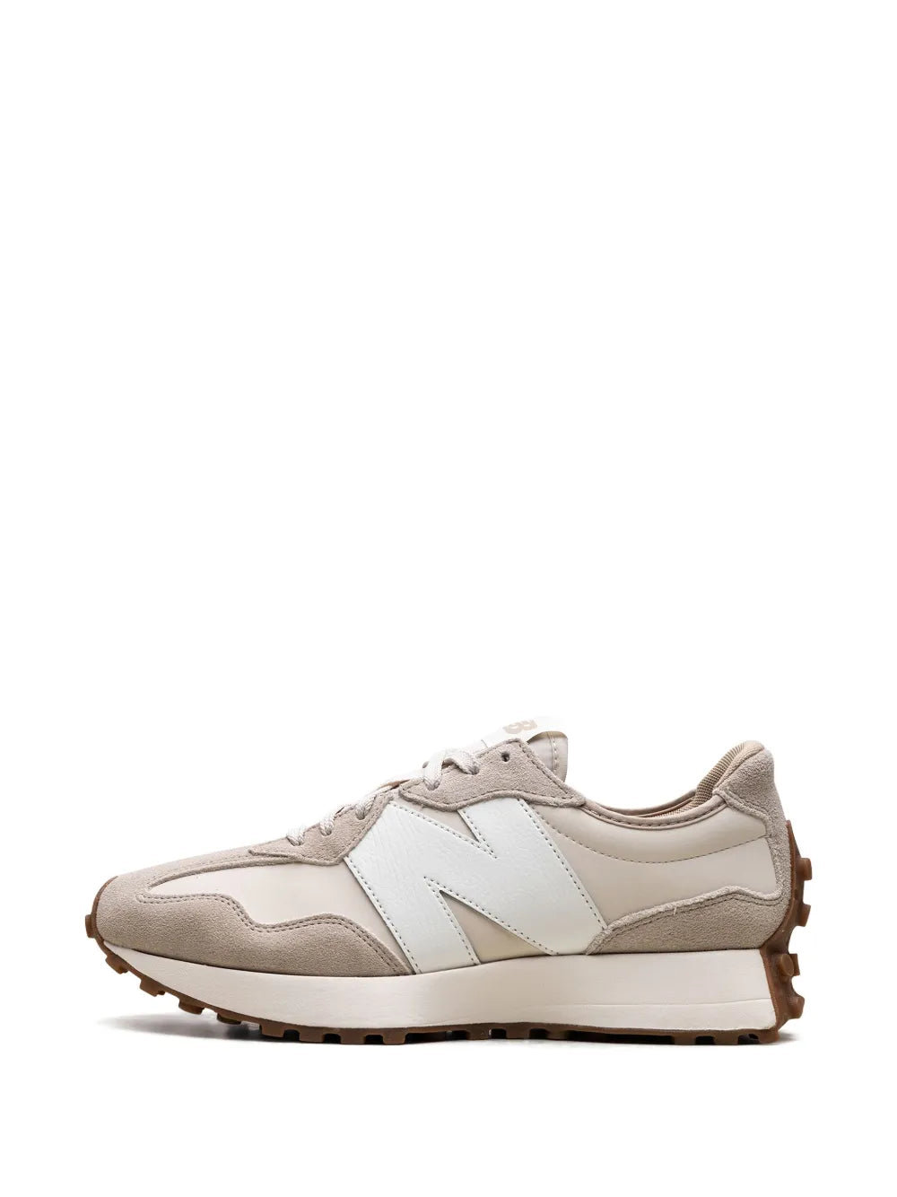 New Balance 327 oatmeal/white sneakers side view with lace eyelets and chunky sole