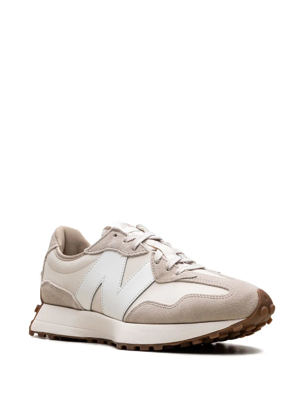New Balance 327 oatmeal/white sneakers, lace-up with white panels and gum outsole