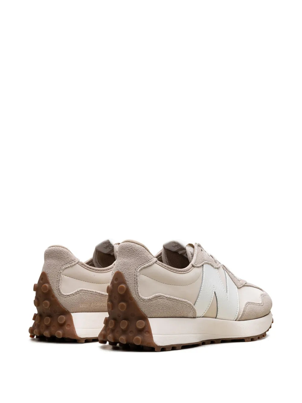New Balance 327 oatmeal/white sneakers rear view with heel tab and gum outsole