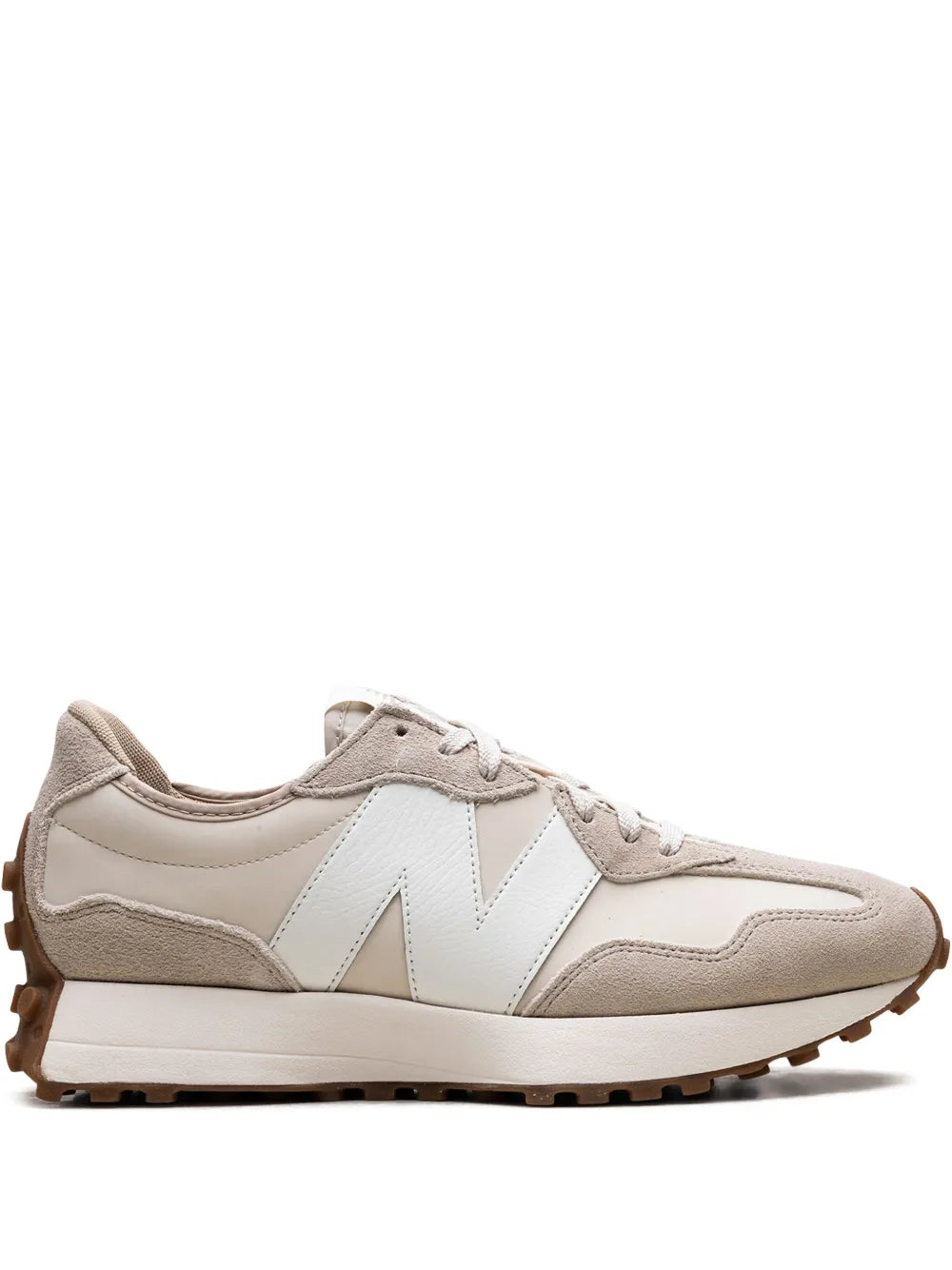 New Balance 327 oatmeal/white low-top sneakers with lace-up front and N logo