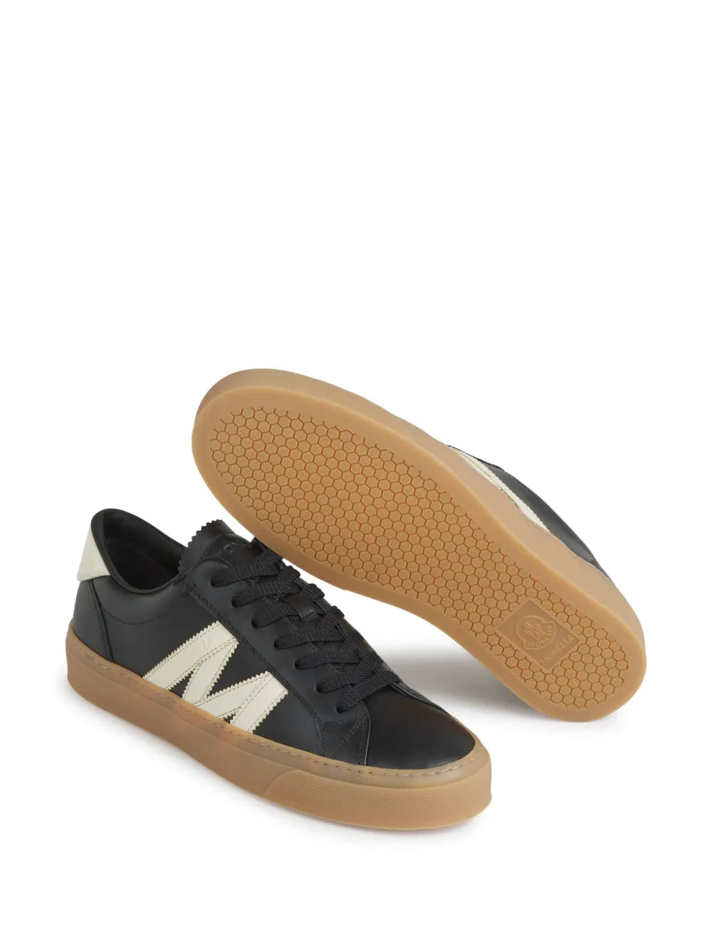 Moncler Monaco2 black sneakers with gum rubber outsole tread and off-white stripes
