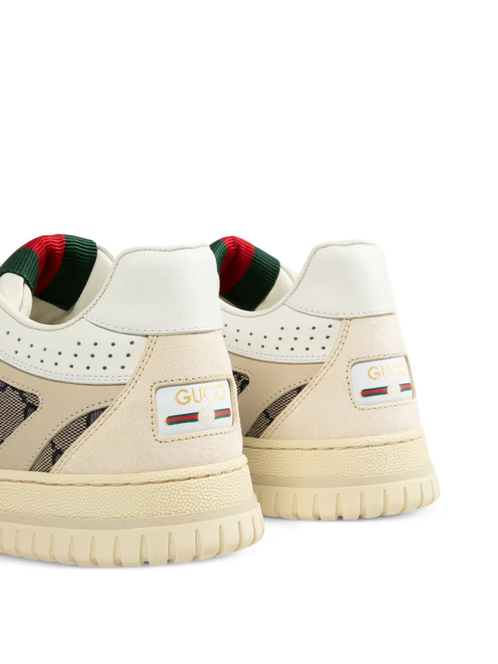Cream sneakers with GUCCI heel patch and red-green web trim near back