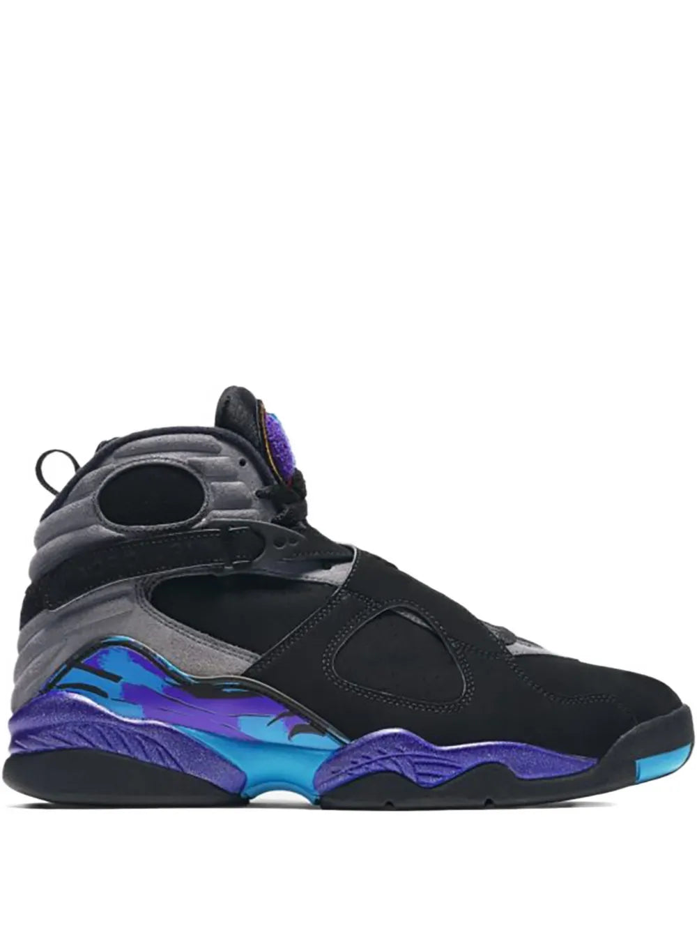 Black high-top sneakers with purple and blue accent sole
