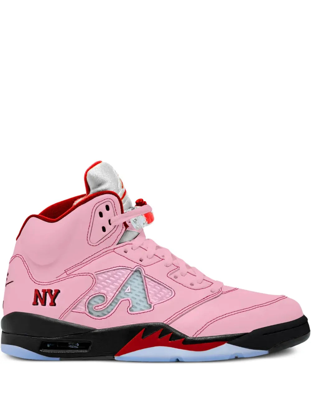 Pink lace-up Air Jordan 5 sneakers with NY side logo and black outsole