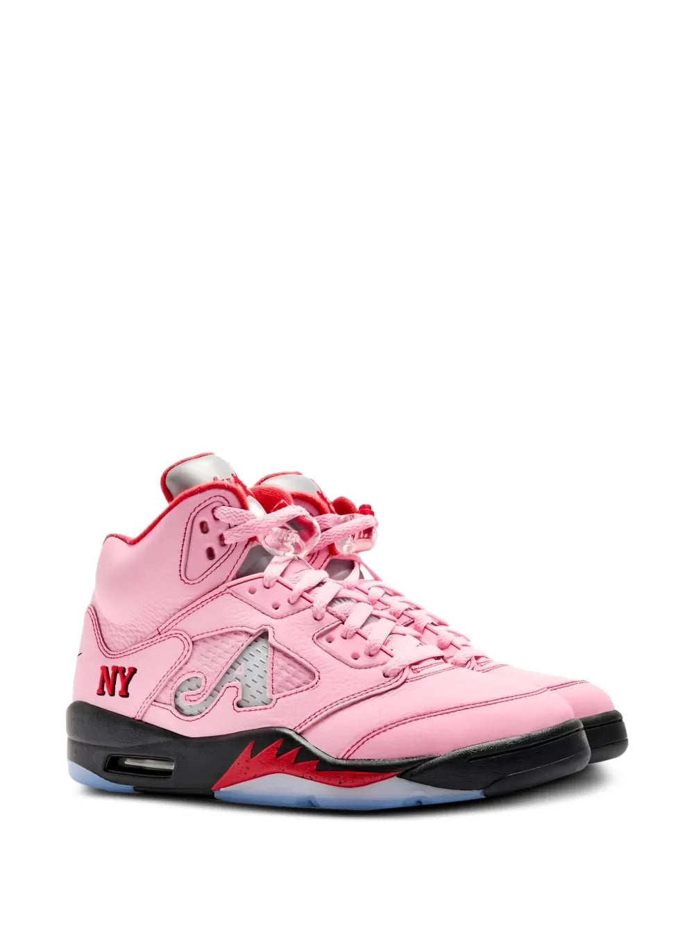 Pink Air Jordan 5 sneaker, lace-up with red lace eyelets and black outsole