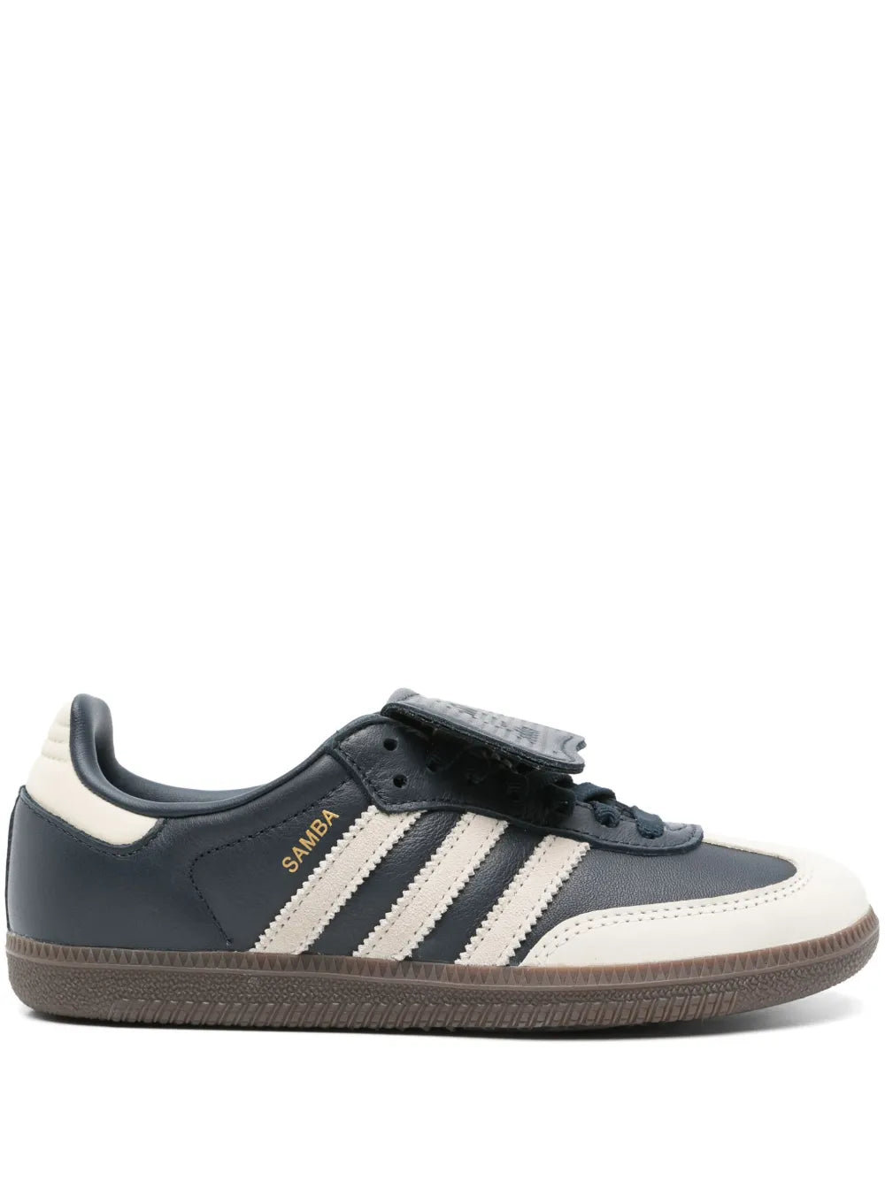 adidas Samba low sneakers, blue leather with white stripes and gum sole