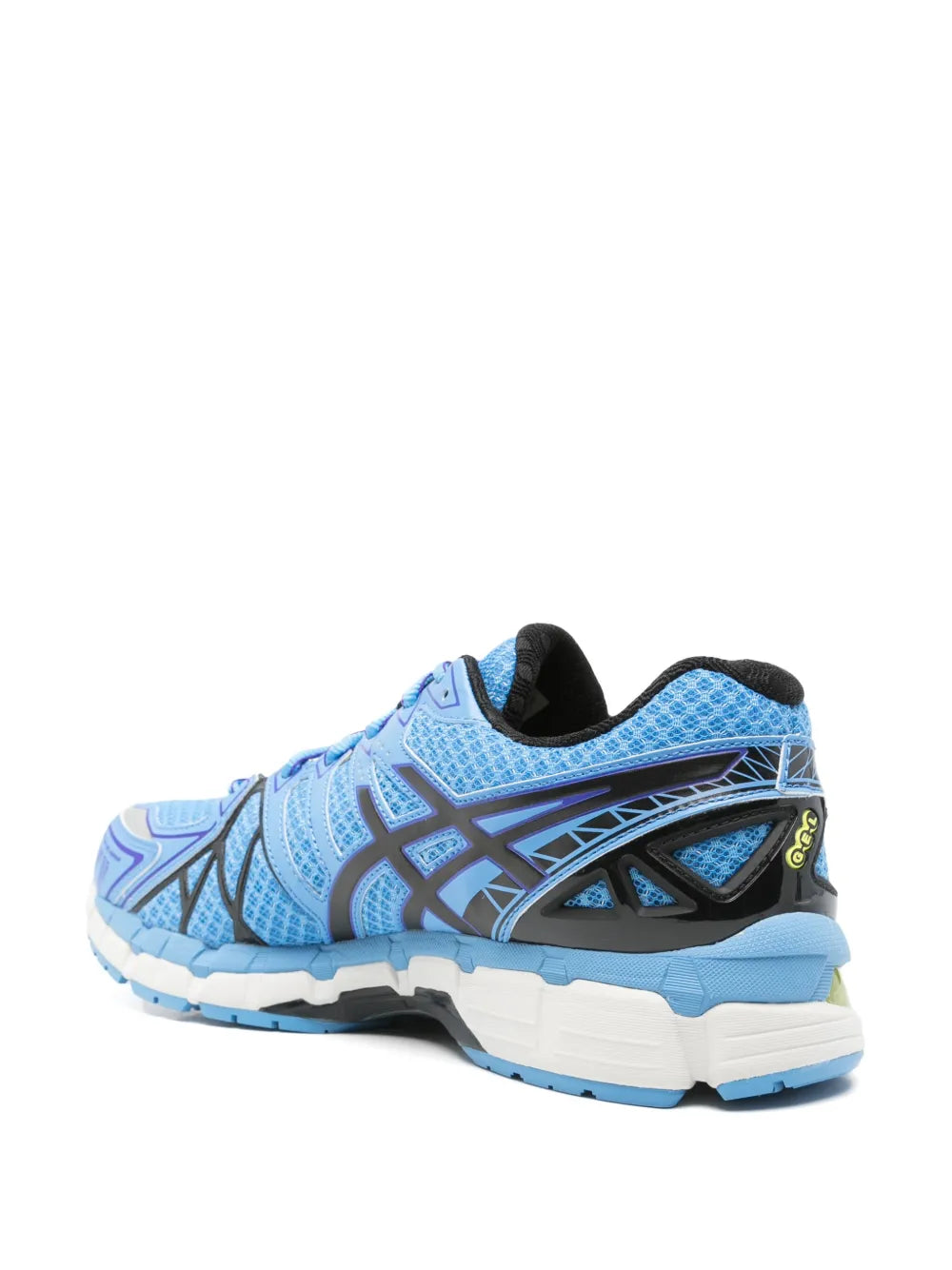 Cerulean blue running sneakers, three-quarter view with geometric logo details