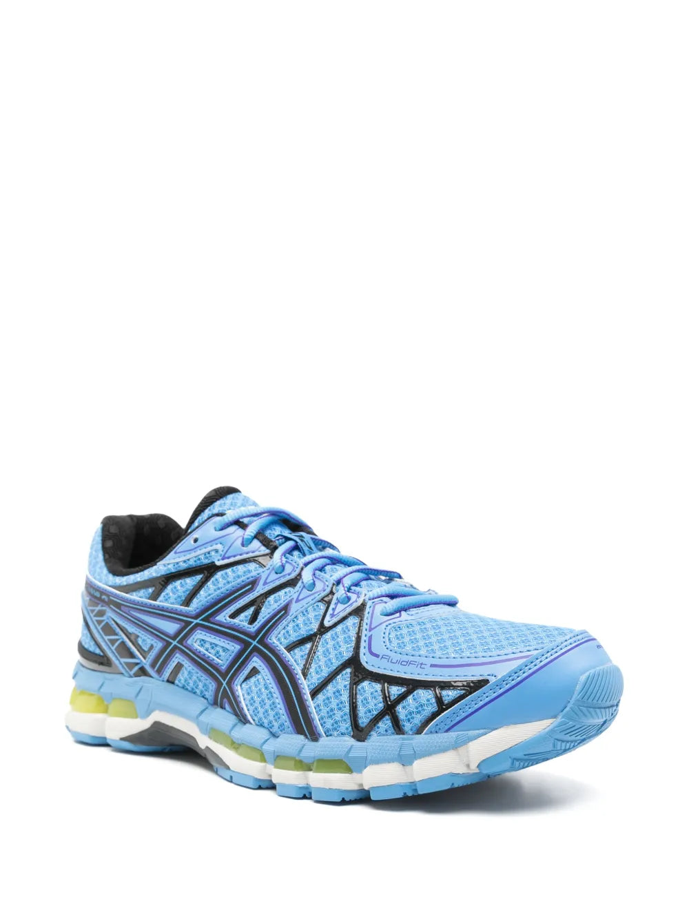 Cerulean blue running sneakers, side view with blue laces and layered sole