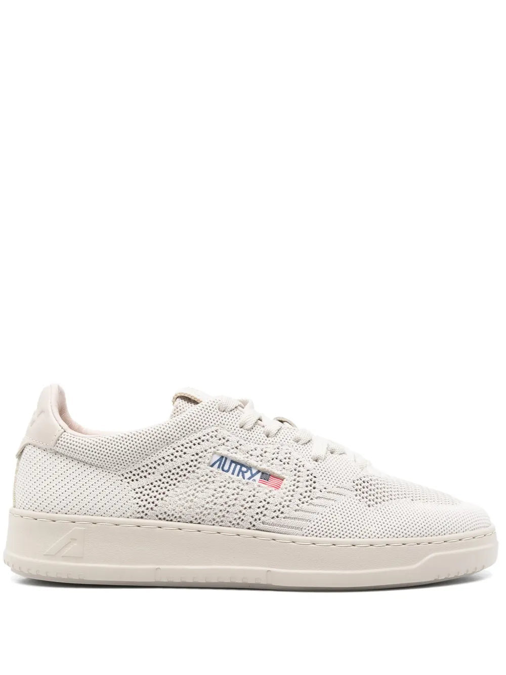 Light beige knit lace-up sneakers with Autry logo patch and low rubber sole