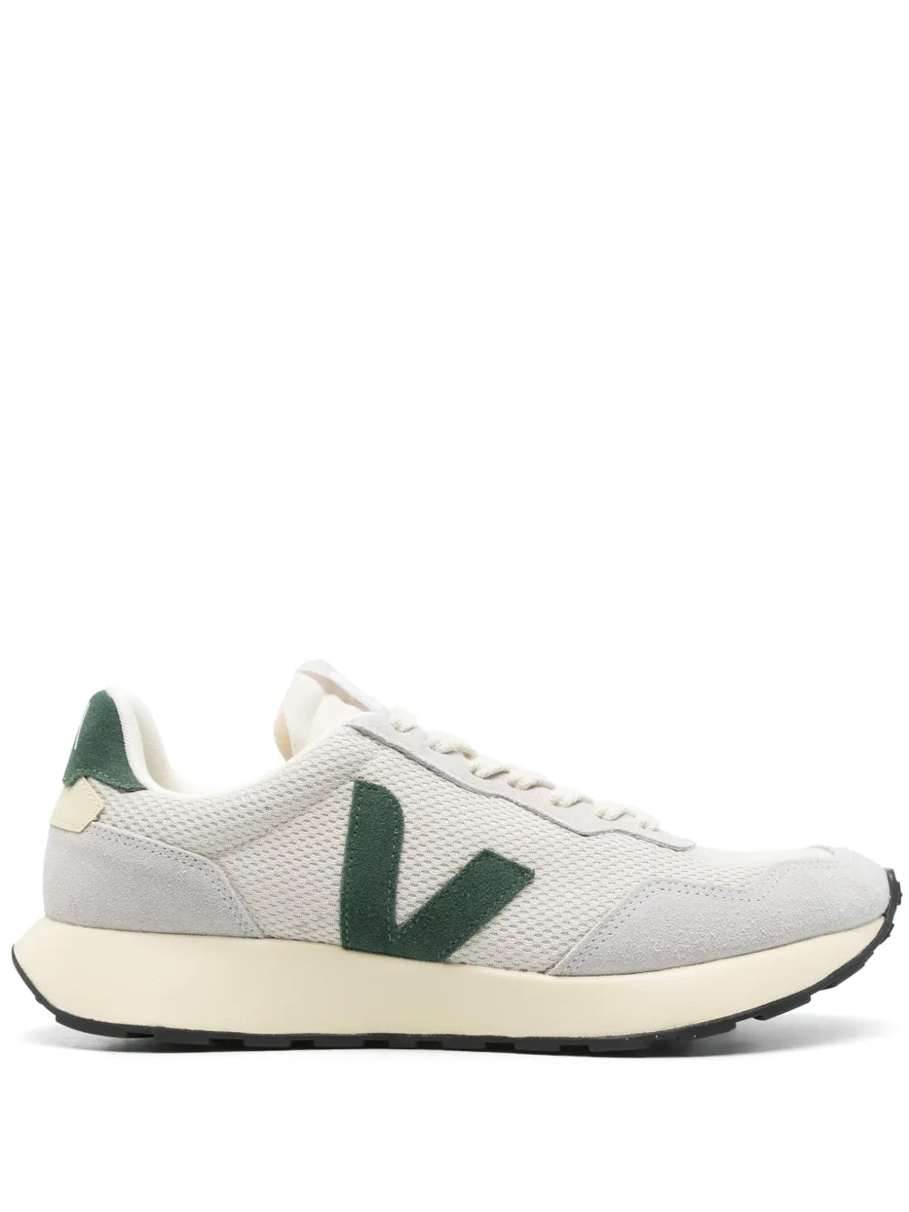 Cream sneakers with dark green V logo, lace-up, black rubber sole
