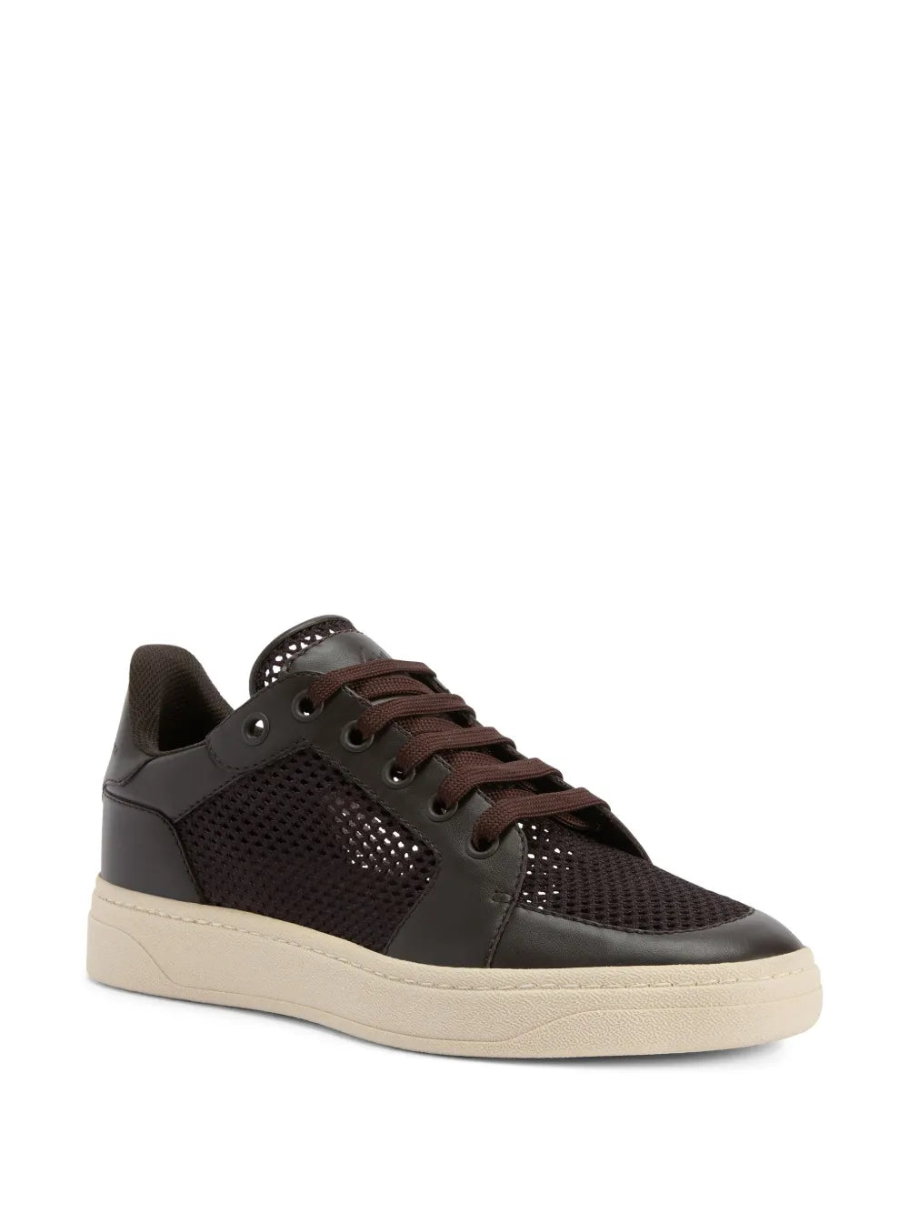 Dark brown mesh lace-up sneakers with beige sole; brown laces and perforated upper
