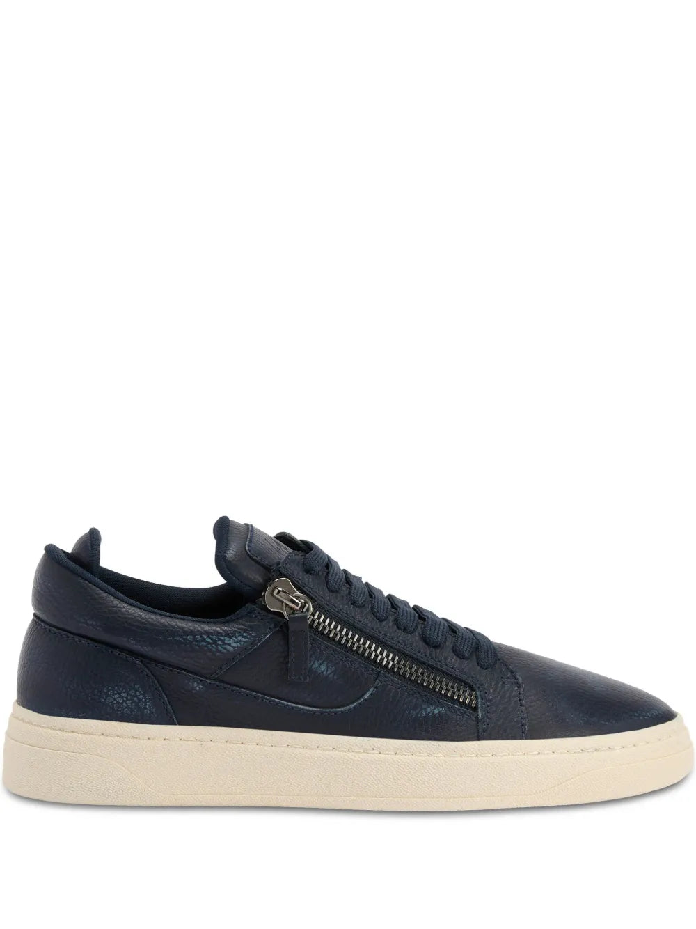 Navy leather low-top sneakers with double front zip, lace-up, and beige rubber sole