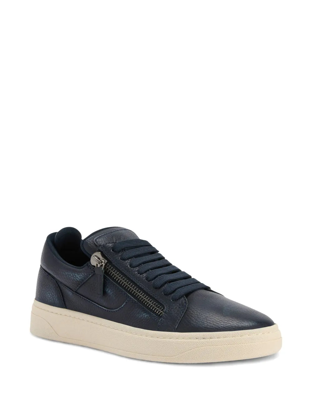 Navy leather low-top sneakers with lace-up and dual zippers, beige outsole