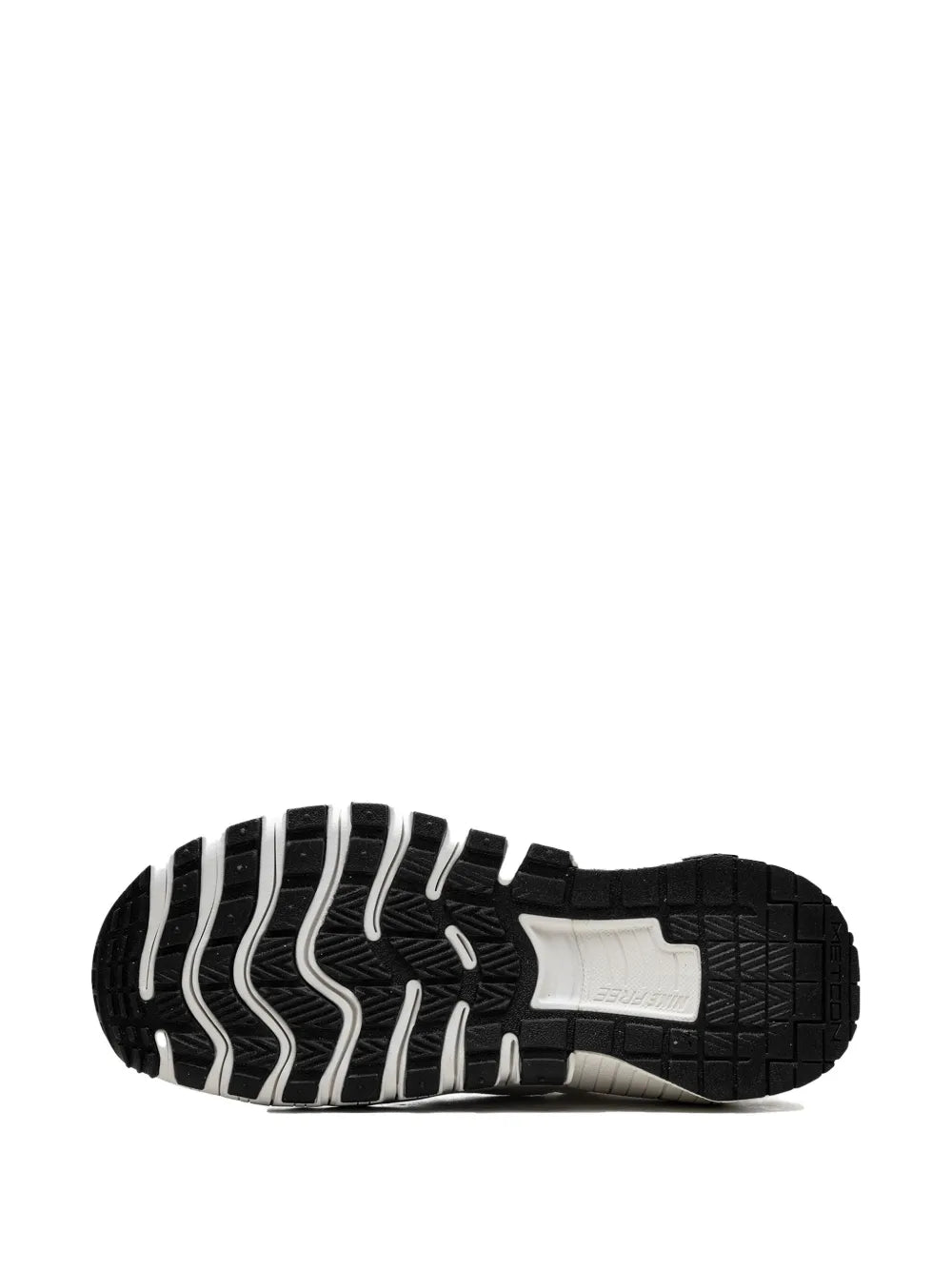 Nike Free Metcon 6 Premium sneaker outsole, black tread with white sidewalls