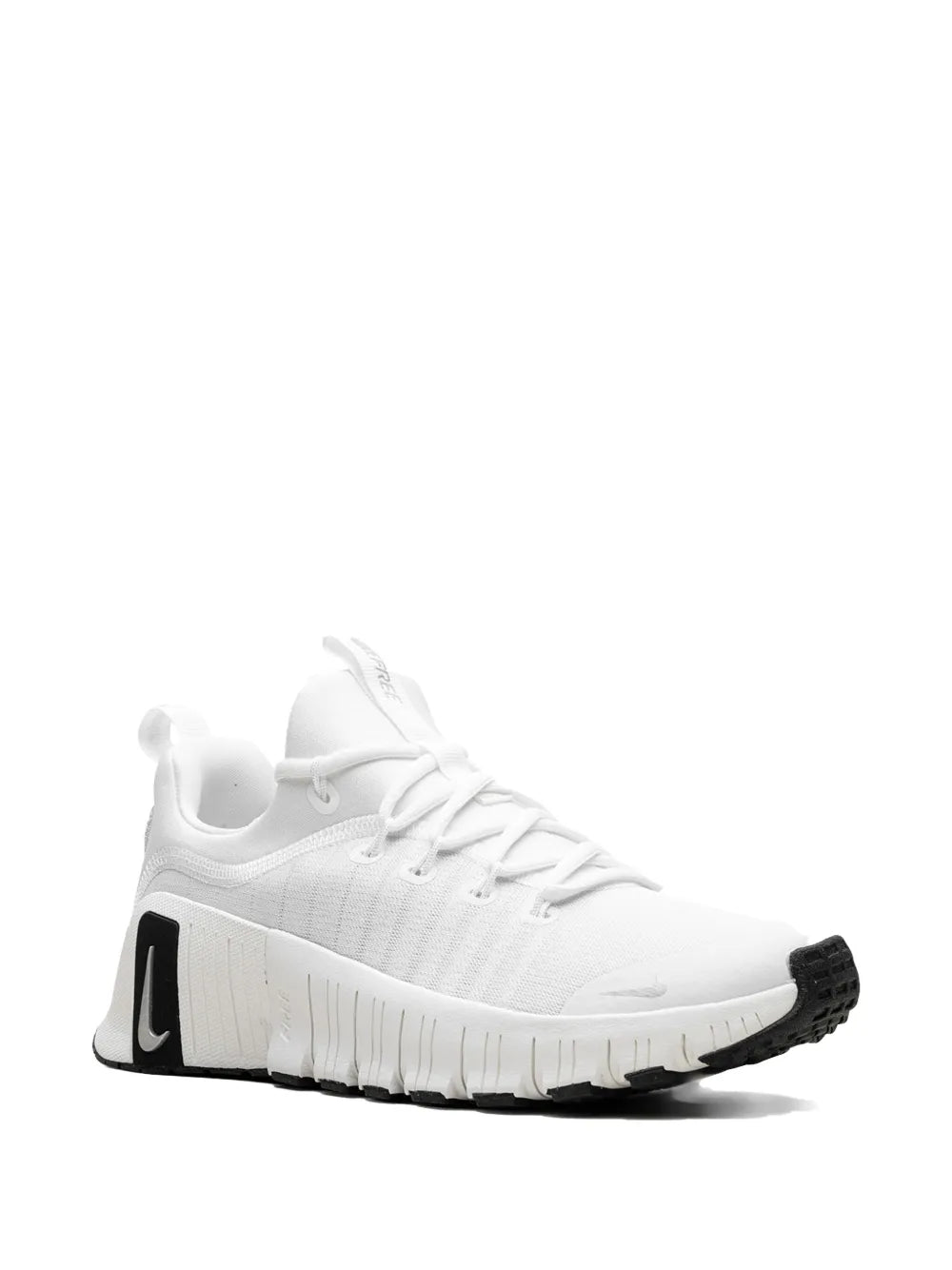 Nike Free Metcon 6 Premium sneaker side view, white knit, black heel panel, laces