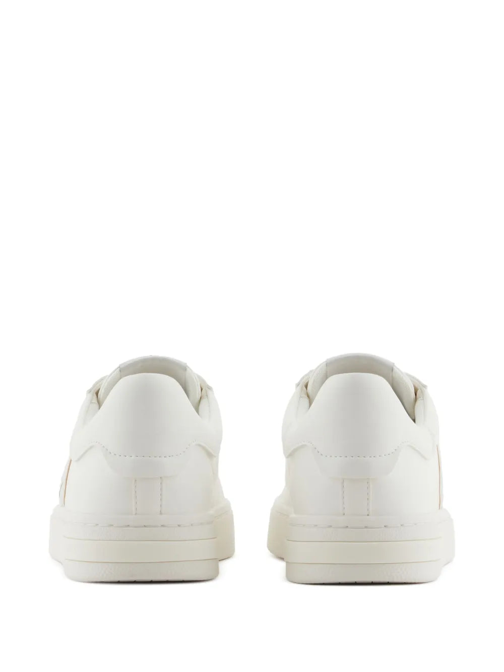 White Armani Exchange logo trainers, heel and back view
