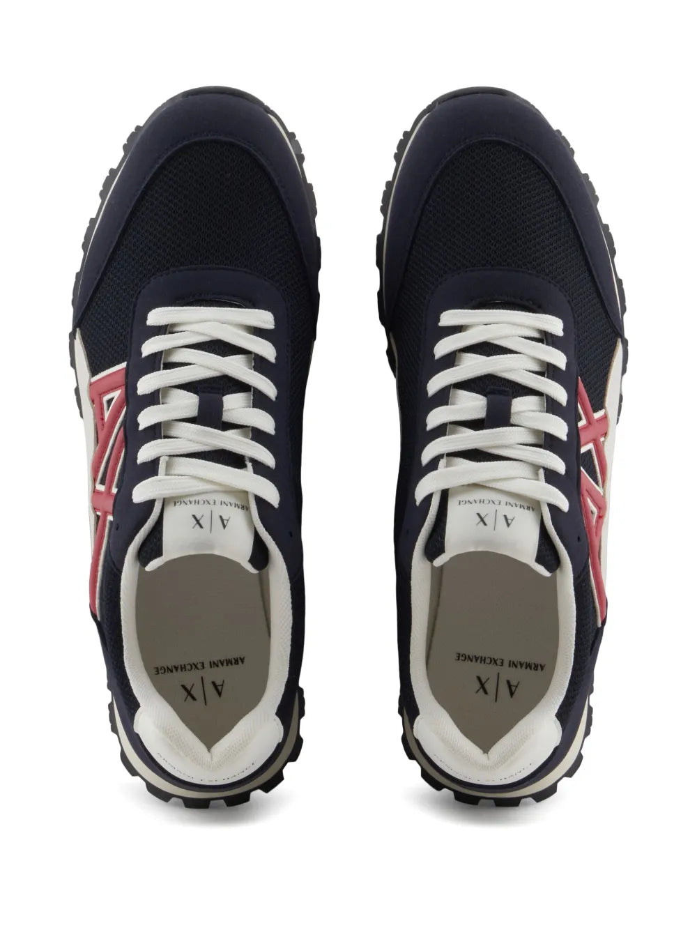 Armani Exchange logo-patch sneakers, navy with red side stripe logos, front lace-up view