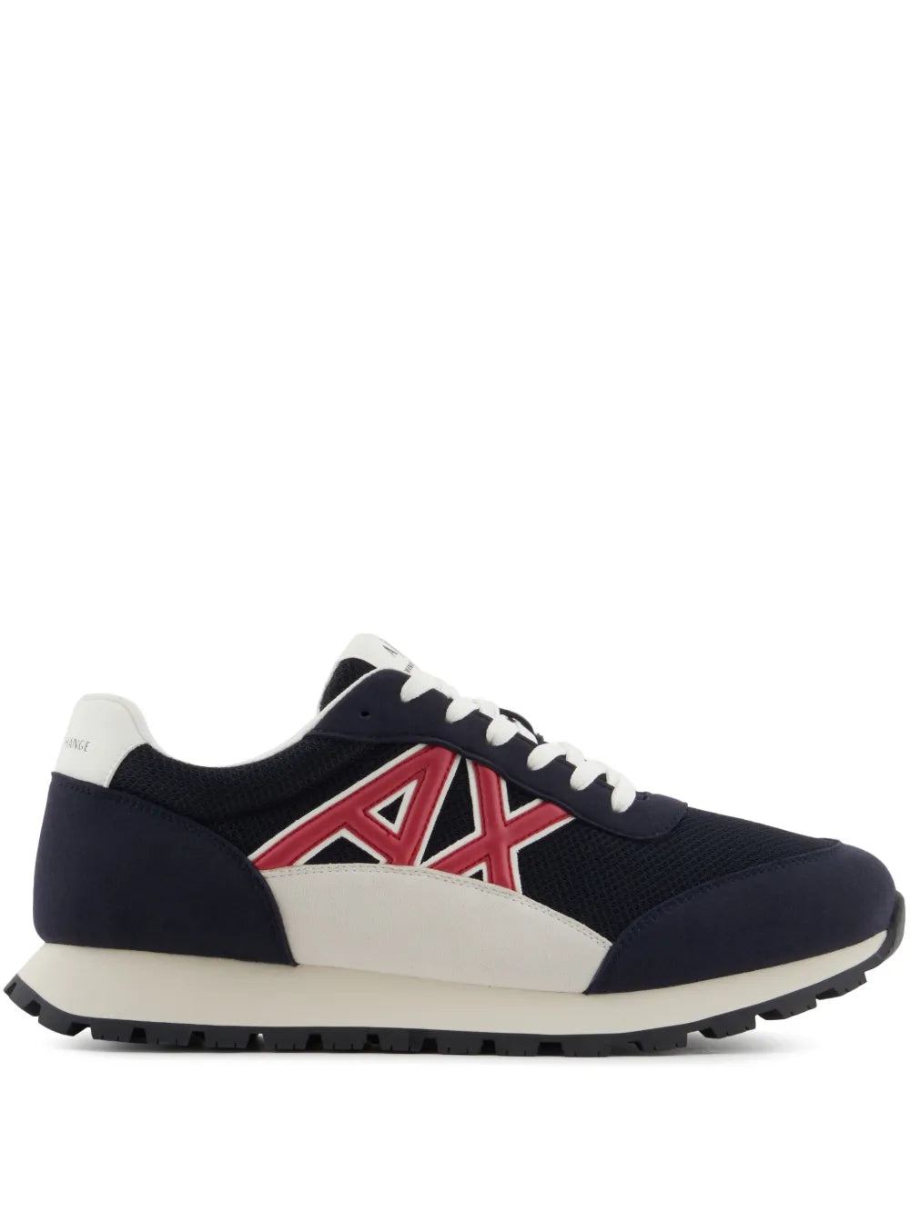 Armani Exchange logo-patch sneakers in navy with red AX emblem, white midsole, lace-up