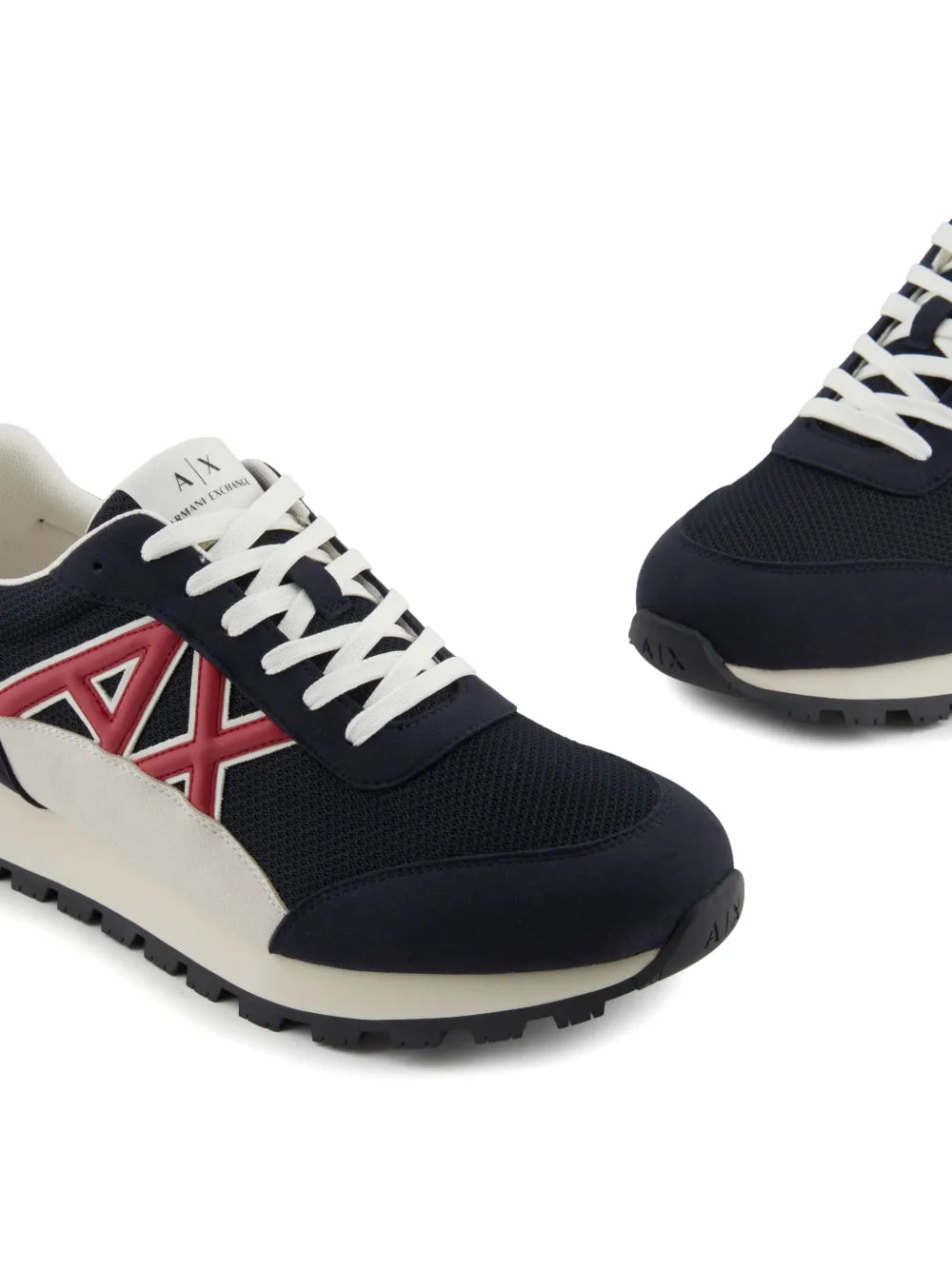 Armani Exchange logo-patch sneakers in navy with red AX side patch and textured black sole