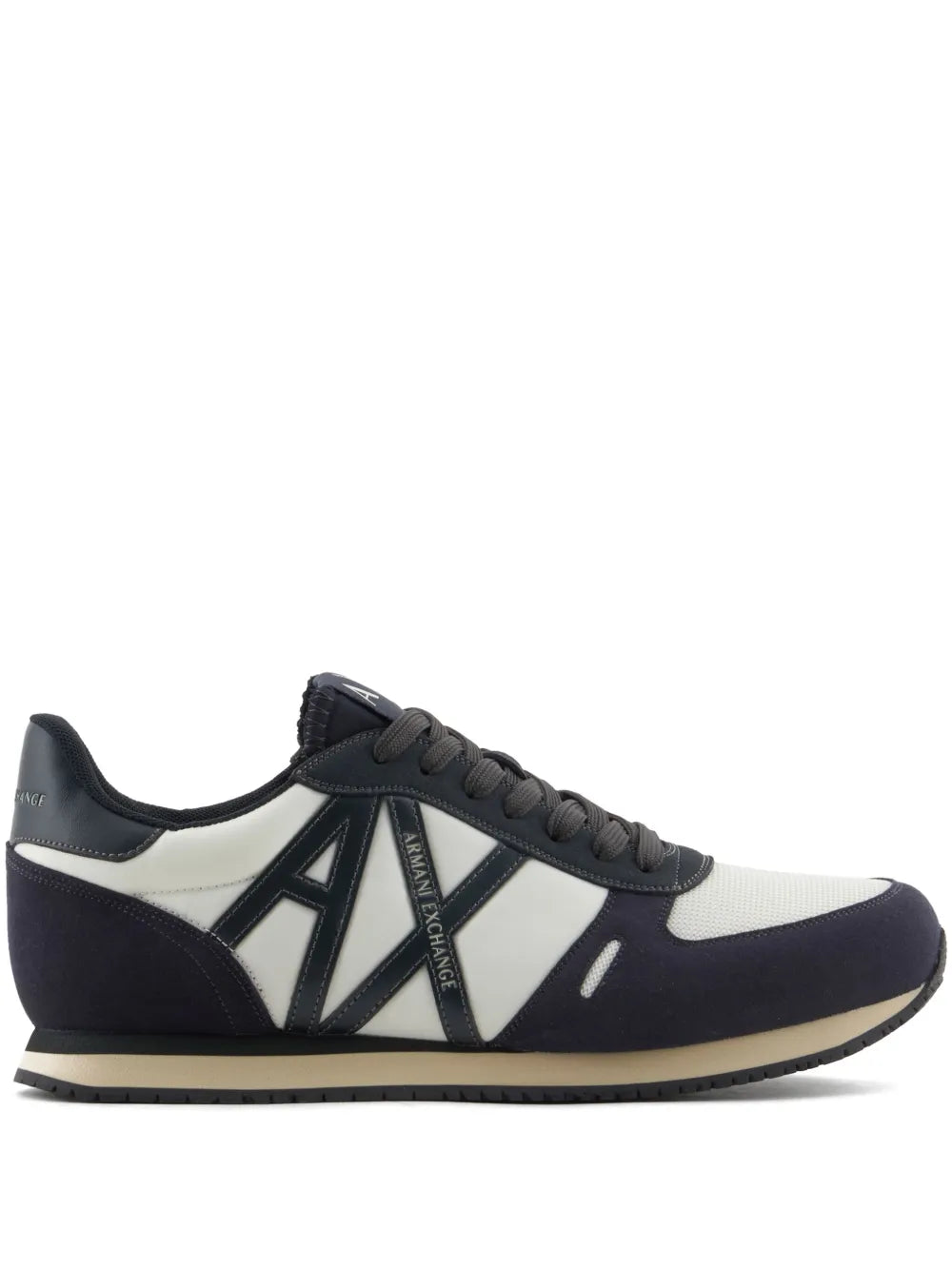 Navy and white logo-patch sneakers with black laces and AXA side graphic