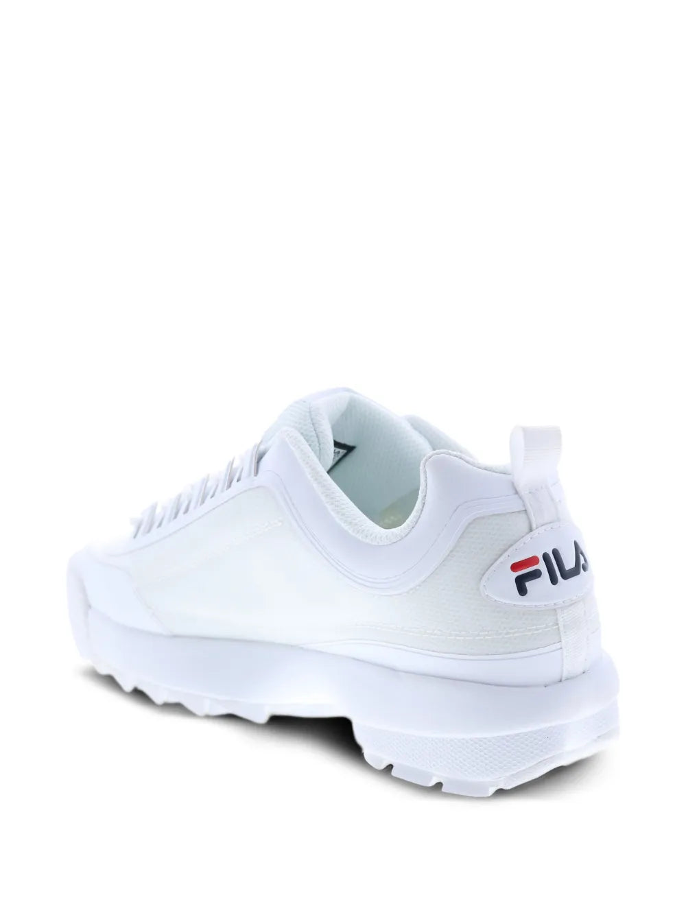 White Fila Disruptor 2 sneakers, quarter side view with Fila logo