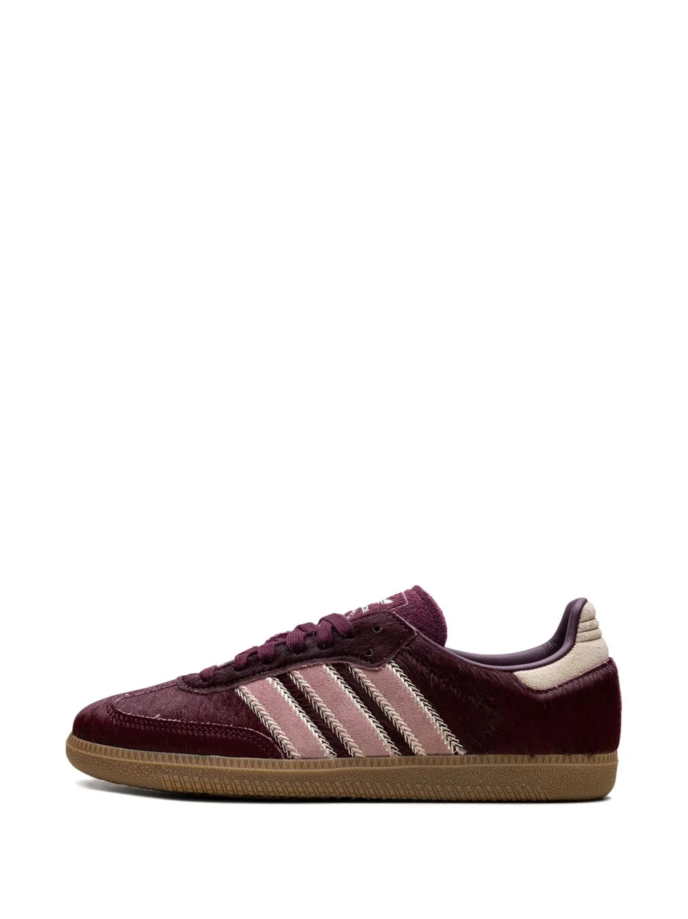 adidas Samba OG low-top sneakers side view, dark burgundy suede and beige stripes