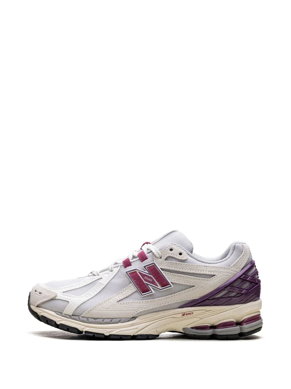 New Balance 1906R sneakers, front three-quarter view with purple laces and N logo