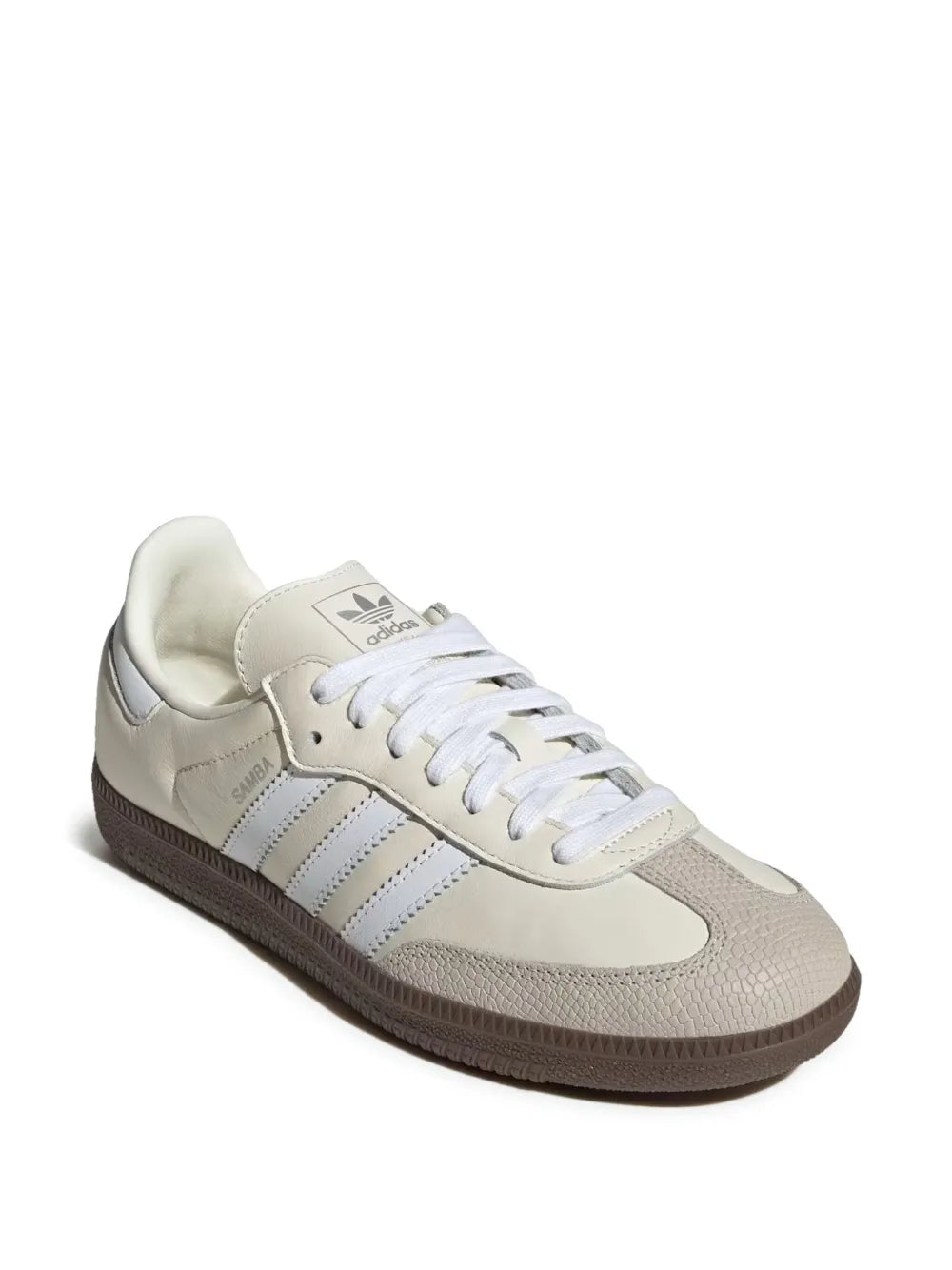 adidas Samba OG low-top leather sneakers, white laces and blue stripes, brown sole