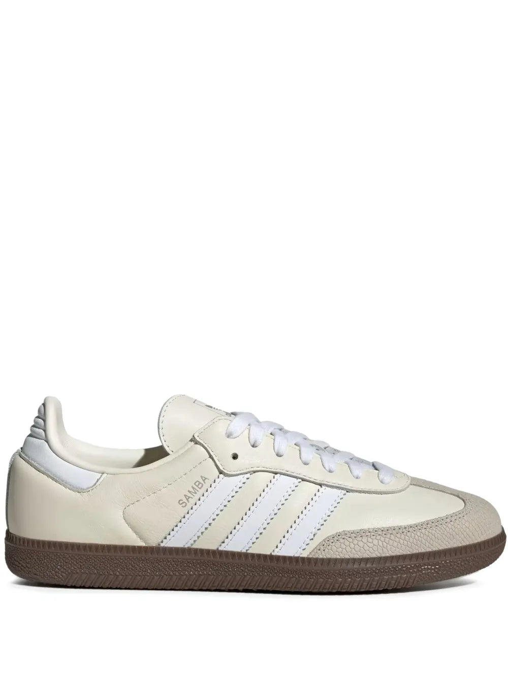 adidas Samba OG low-top leather sneakers, white with blue stripes and brown gum sole