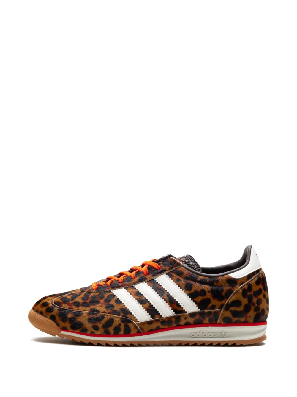 Leopard-print adidas sneaker with orange laces and white three stripes