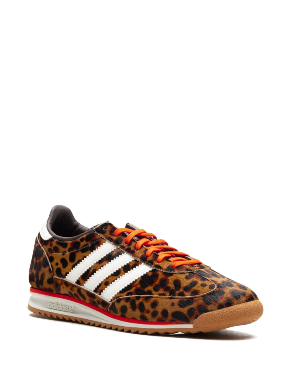 Leopard-print low-top sneakers, orange lace-up front, white three-stripe detail