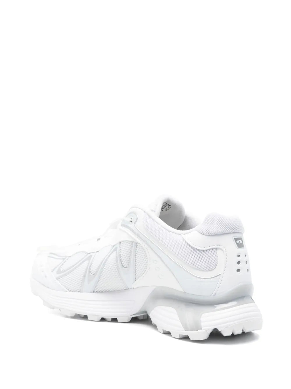 White running shoes, heel and side view, lace-up mesh upper