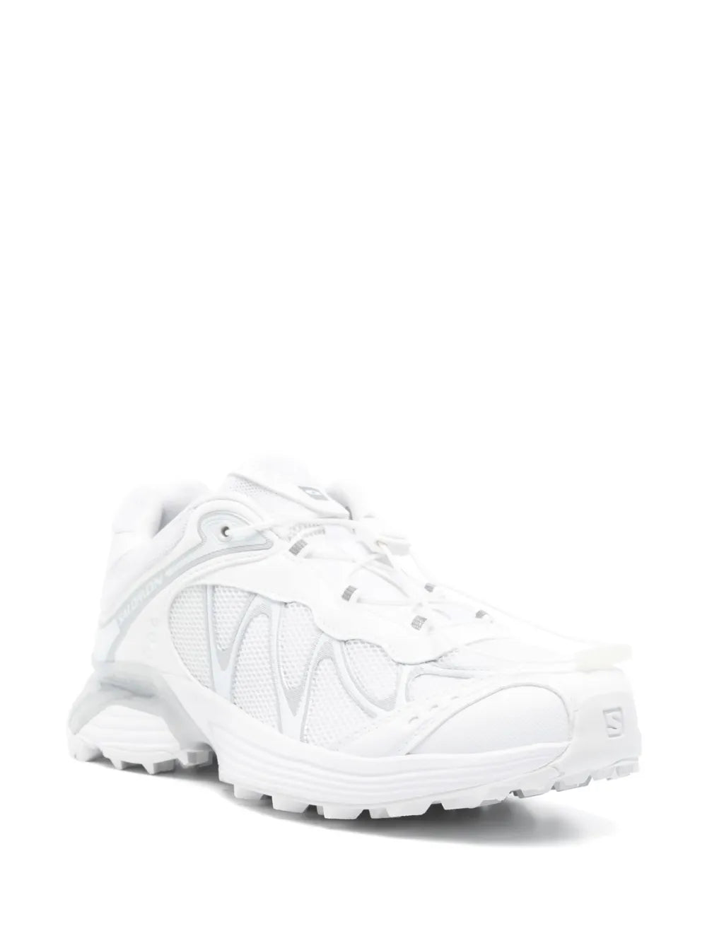 White running shoes, side view, lace-up mesh upper and chunky outsole