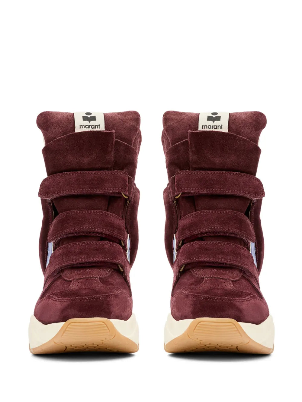 ISABEL MARANT Balskee suede wedge boots, dark burgundy pair view with marant logo tongues
