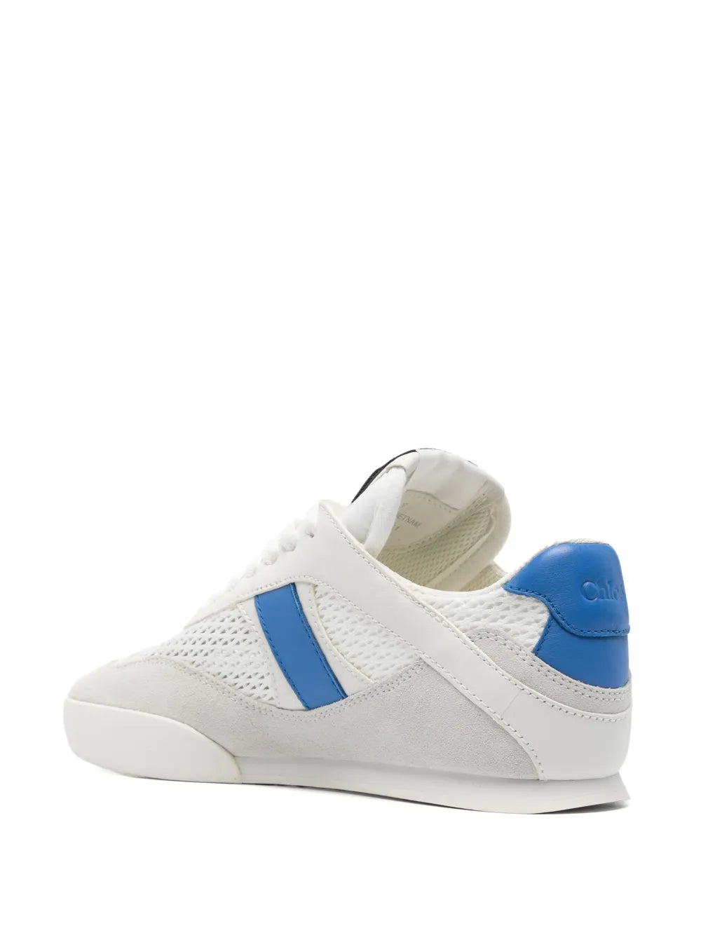 White low-top sneaker with blue heel tab and side stripe, lace-up