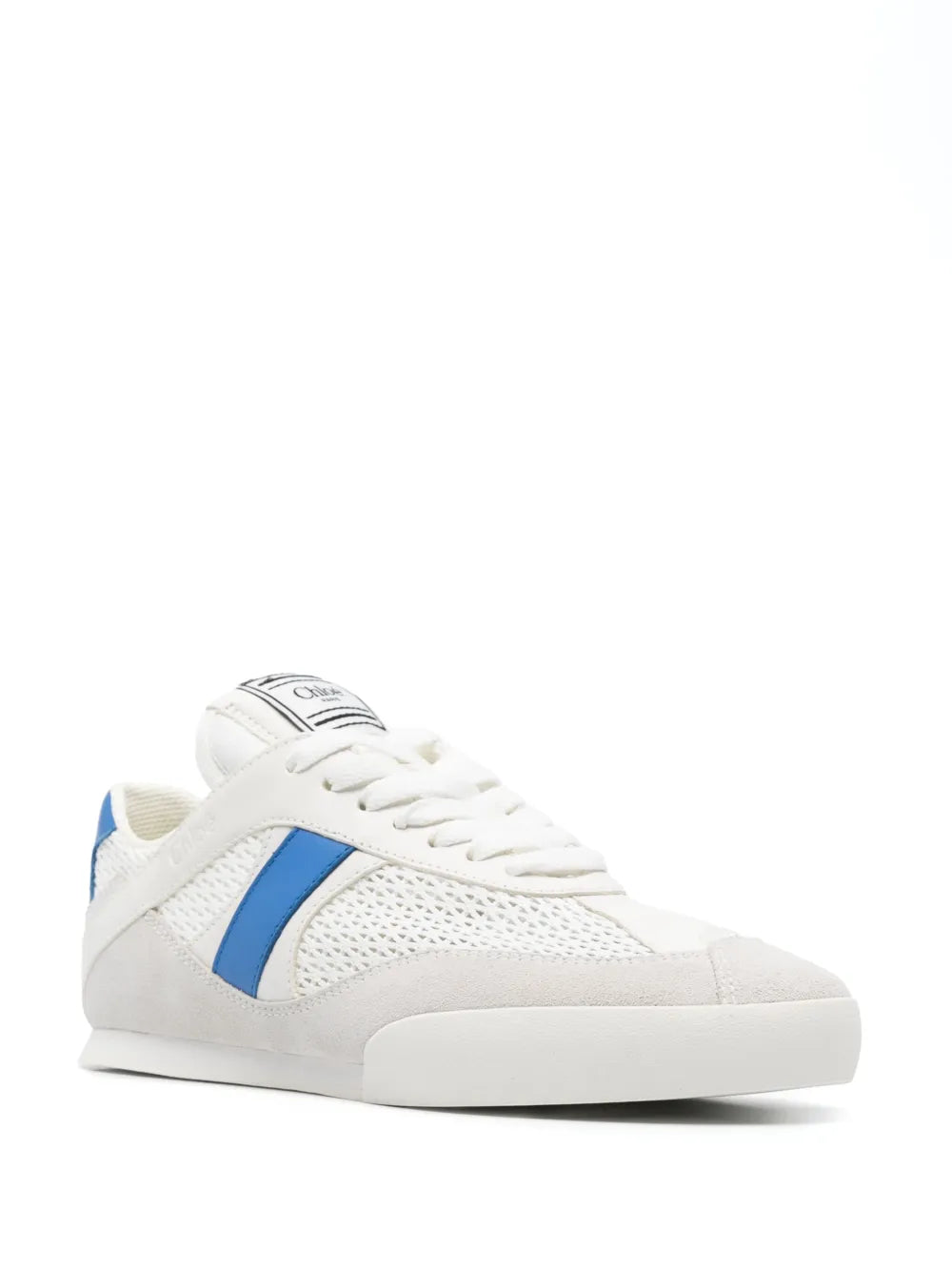 White low-top lace-up sneaker angled view with blue side stripe and rubber sole
