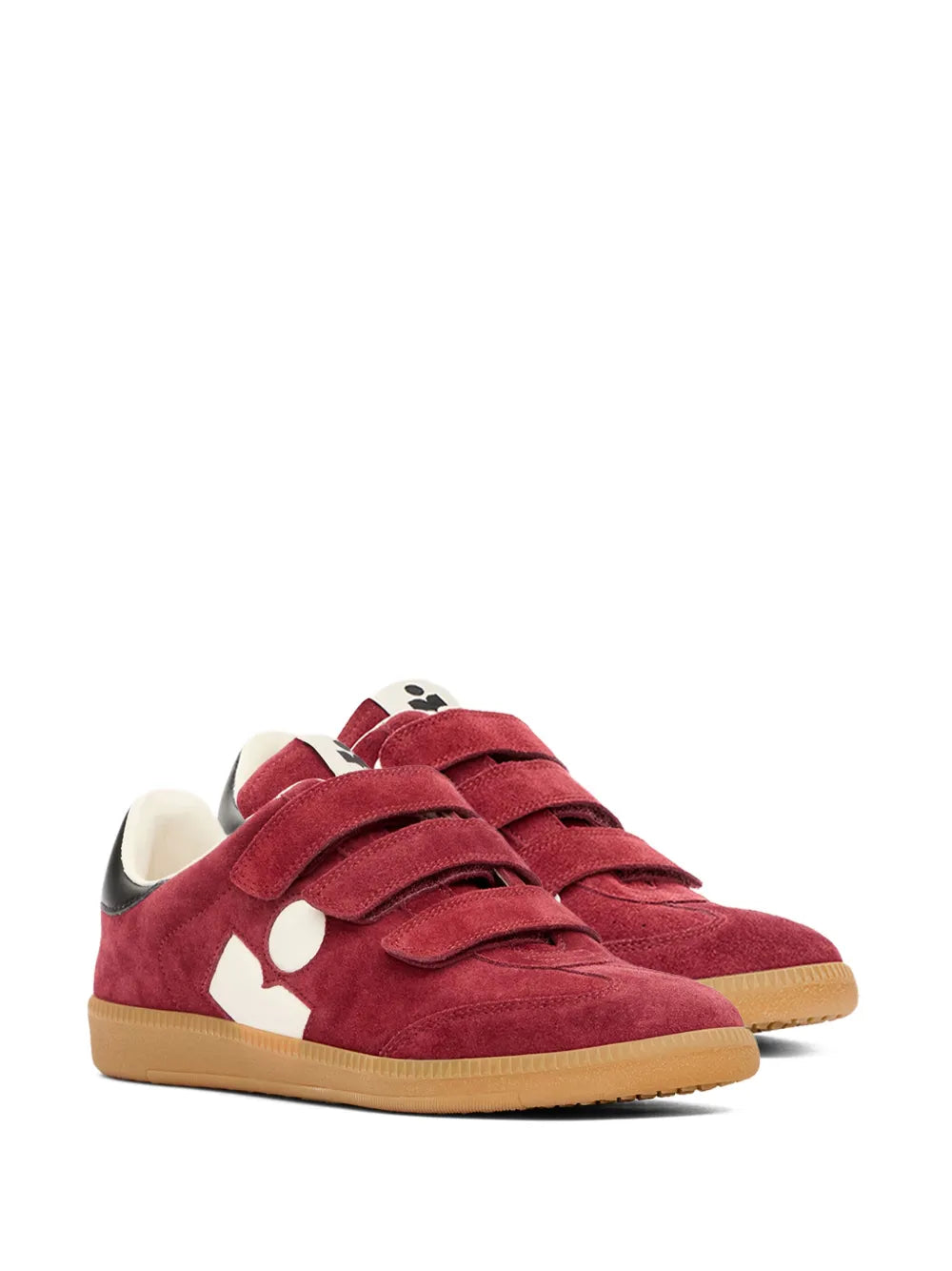 ISABEL MARANT red suede low-top sneaker, touch-strap and lace-up, white logo cutout