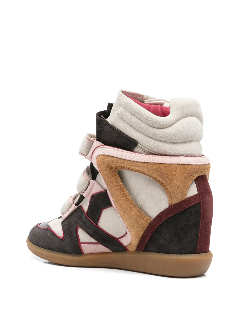 Back view high-top sneakers with velcro straps and contrast panels, black/cream/tan/burgundy