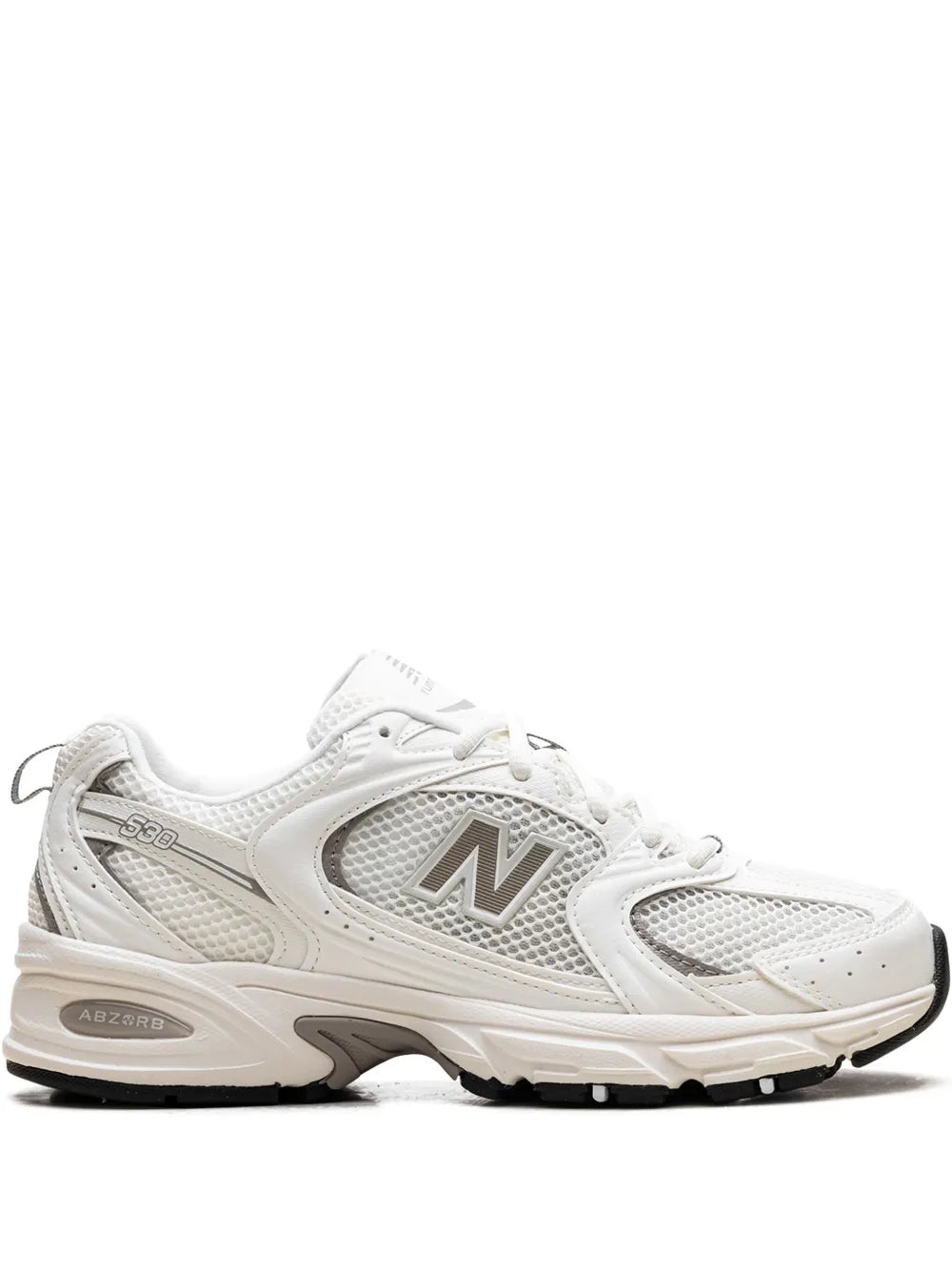 New Balance 530 low-top sneakers in white with mesh and suede panels, side view