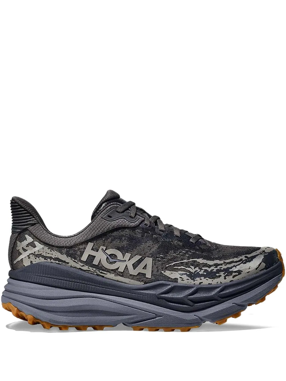 Hoka Stinson 7 grey and navy trail sneakers, lace-up with chunky sole