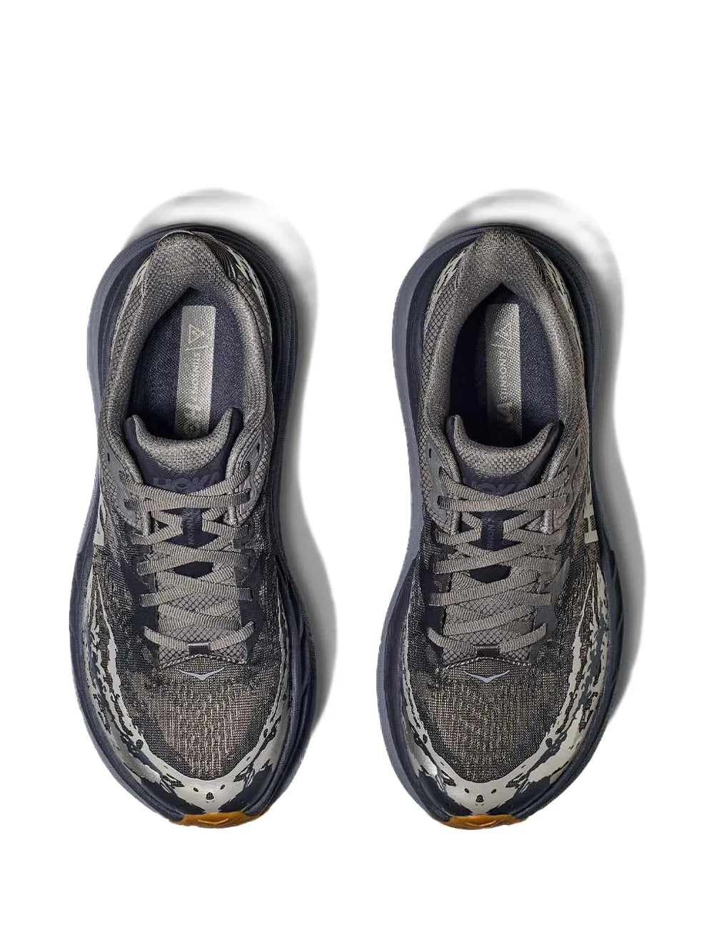 Hoka Stinson 7 grey and navy lace-up trail sneakers, pair front view