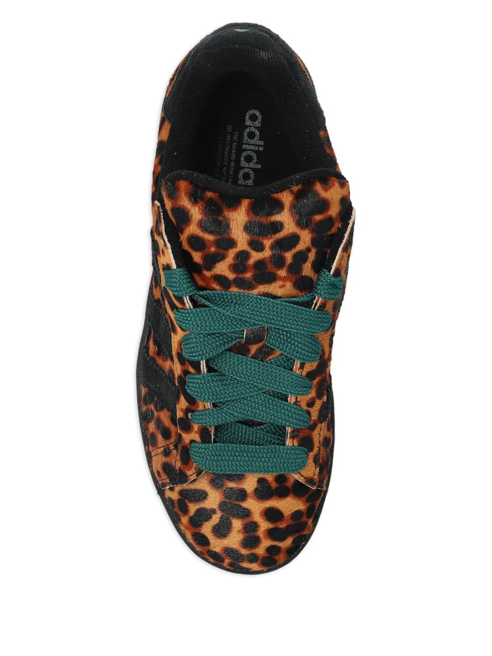 Leopard print adidas sneakers with teal lace-up front and black sock lining