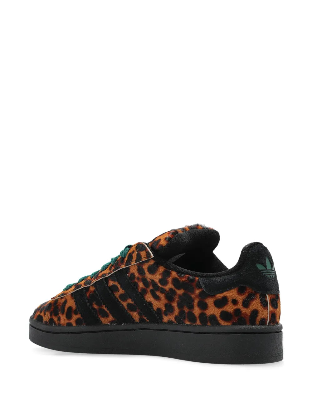 Leopard print adidas sneakers with black heel counter and teal laces