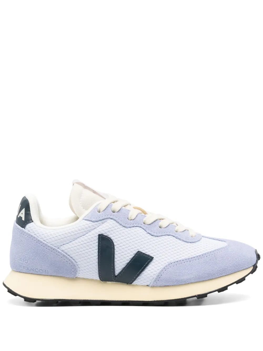 VEJA Rio Branco II light blue leather-look sneaker with dark V logo, cream laces and sole