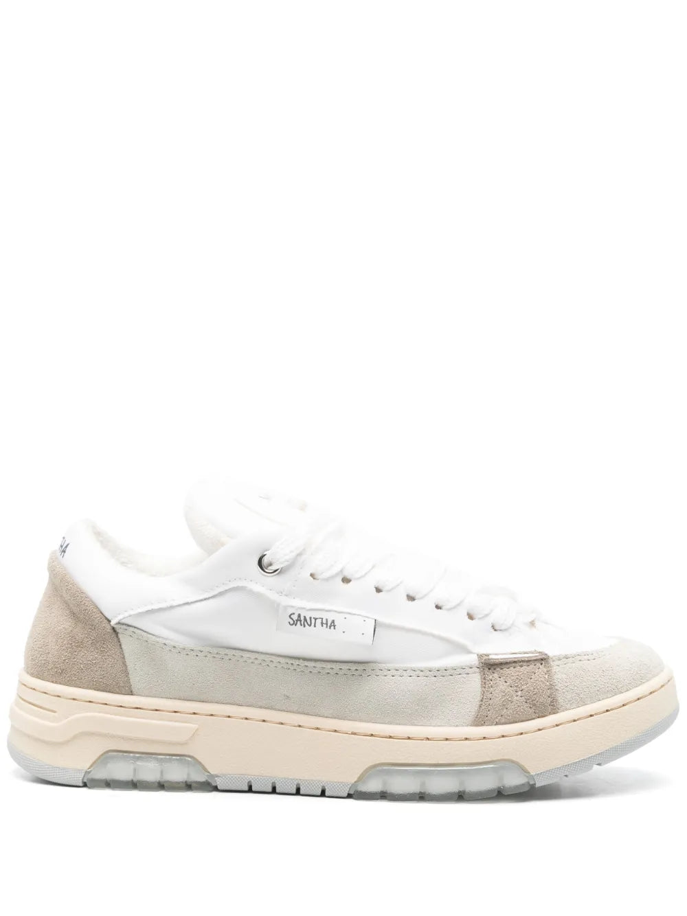 White lace-up color-block sneakers with gray suede panels and chunky sole