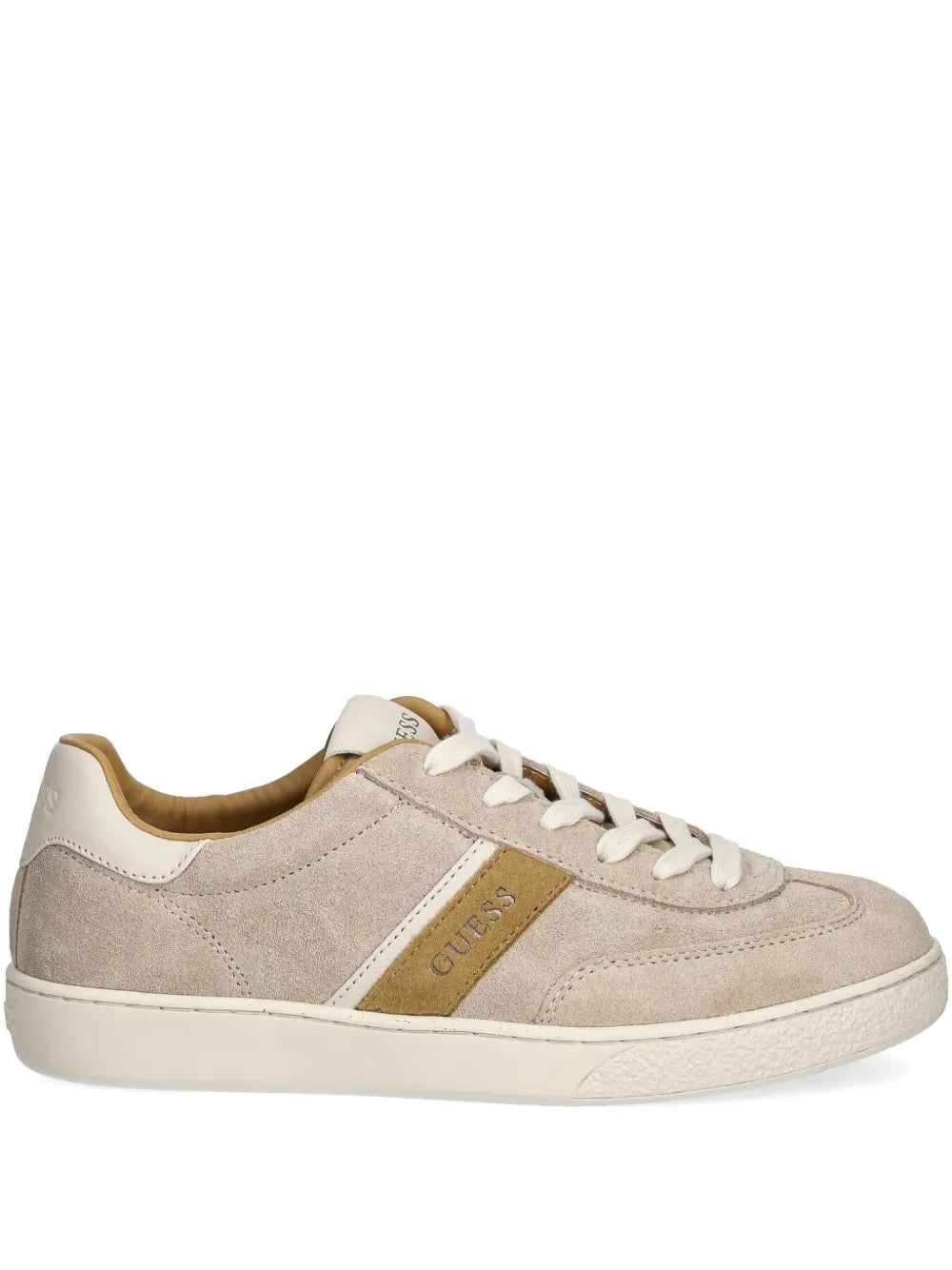 Beige low-top sneakers with GUESS logo side panel and white laces