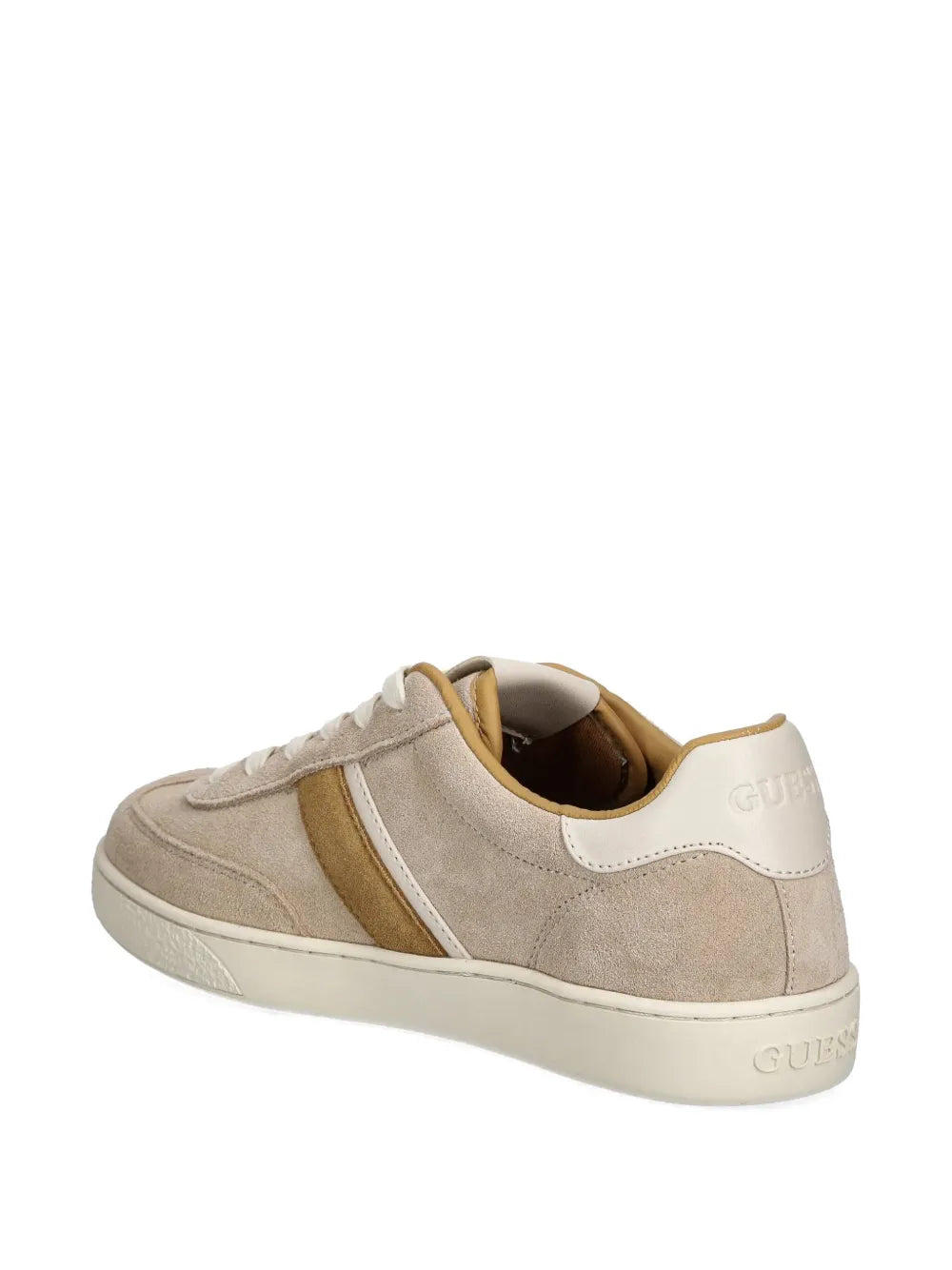 Beige suede sneakers with brown stripe trim and GUESS heel branding