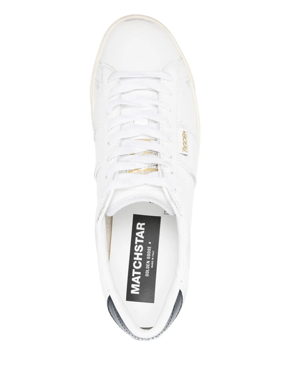 Golden Goose Matchstar sneaker with white laces and black tongue label, top view