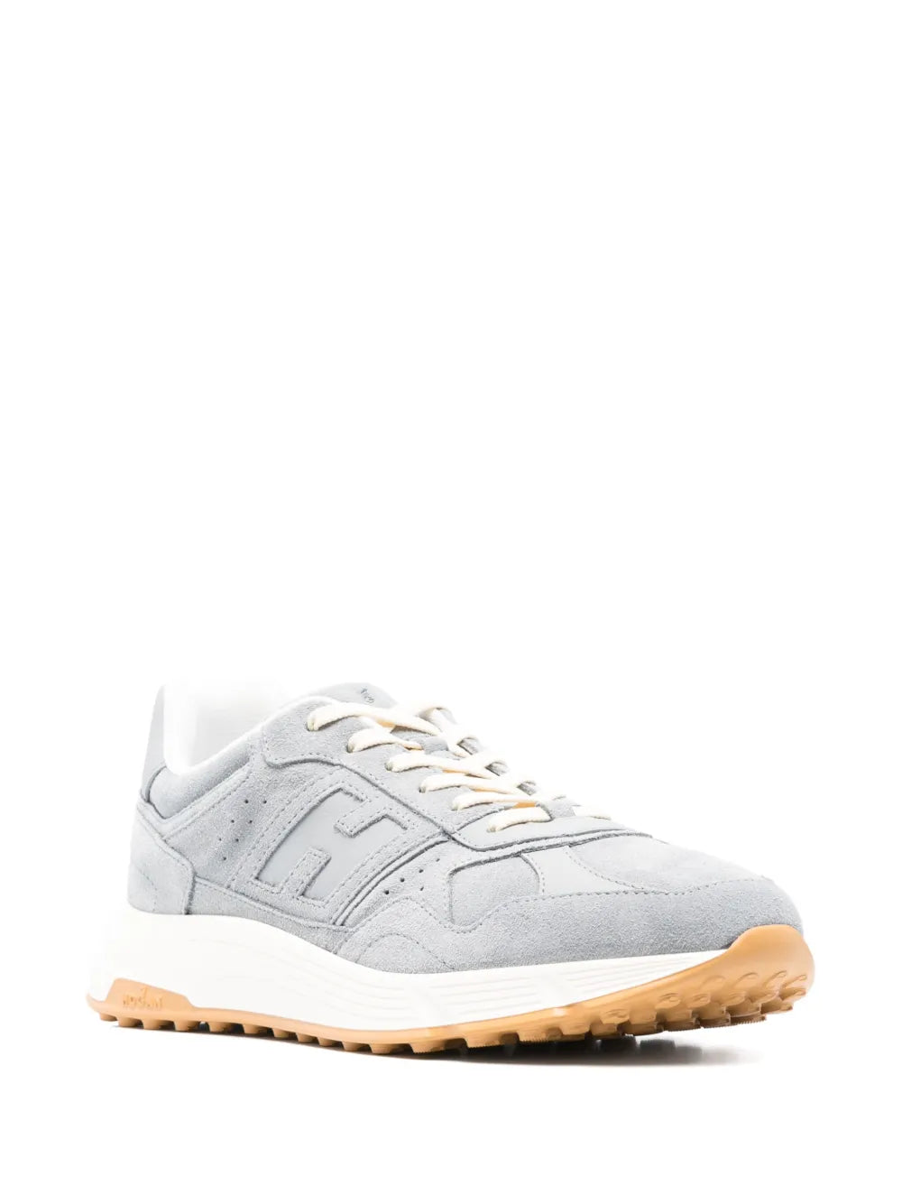 Light blue lace-up sneakers with logo panels and orange outsole
